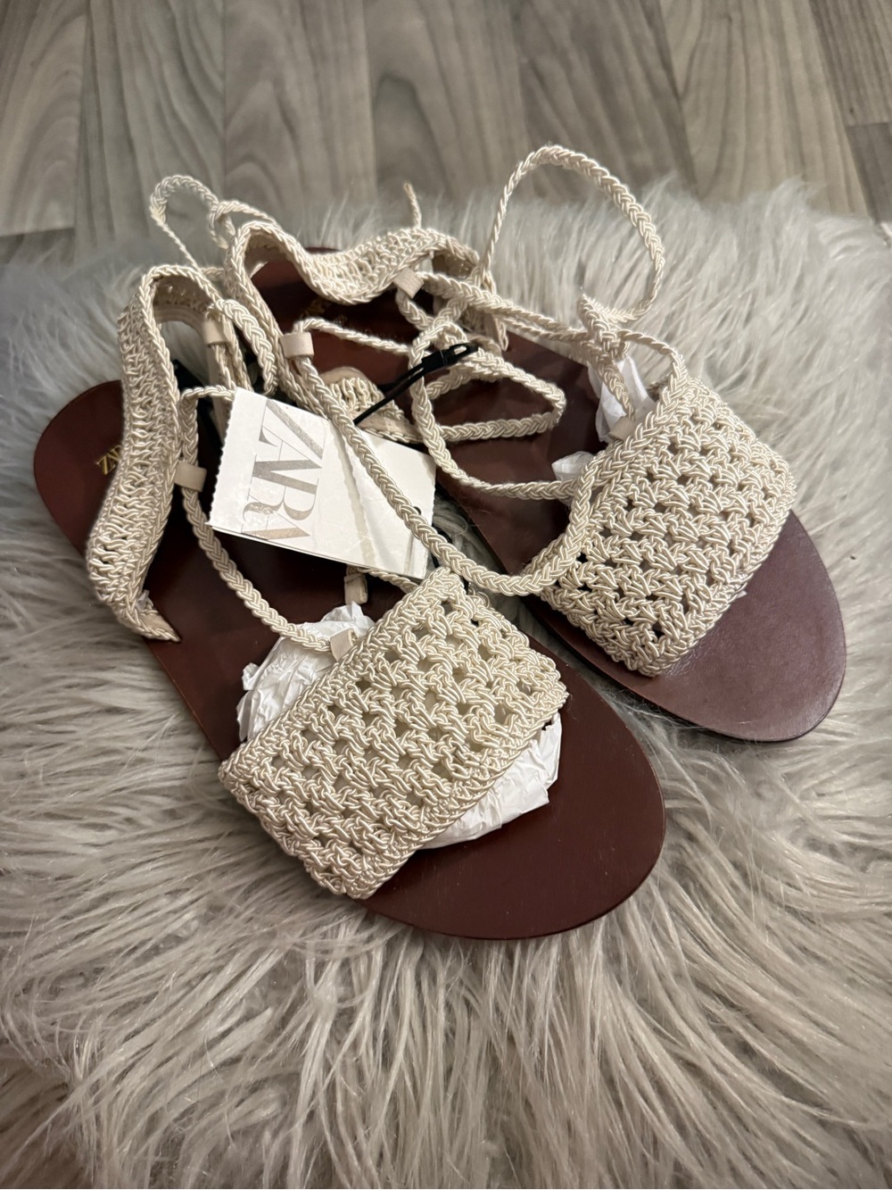 ZARA Beige Braided Lace-Up Flat Sandals
